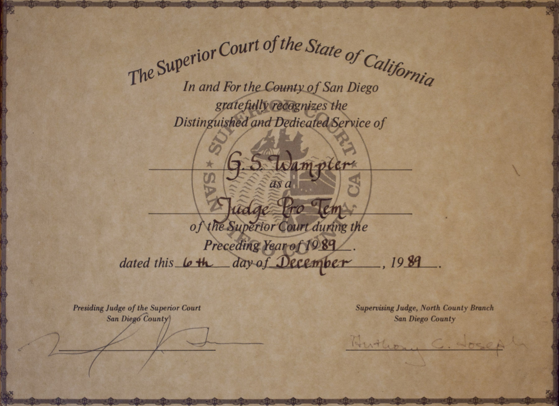 San Diego Superior Court 1989 Judge Pro Tem