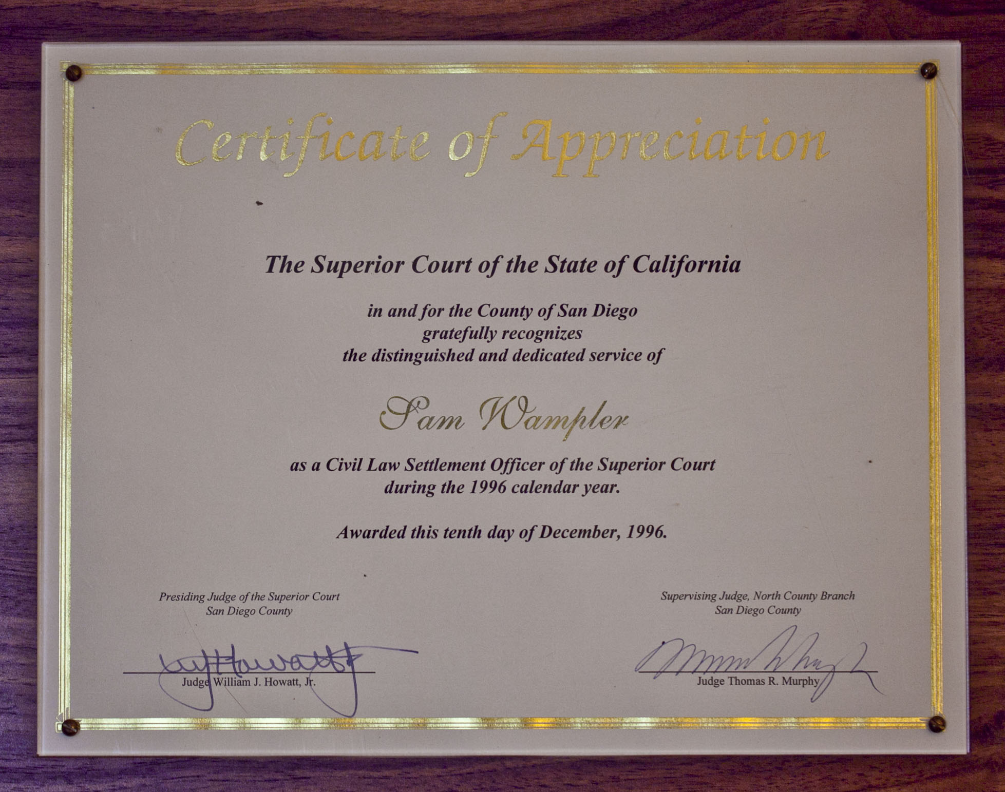 San Diego Superior Court 1996 Cert Civil Settlement Officer